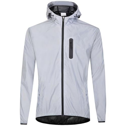Fahrradjacke Reflektierend Damen, Herren Wasserdicht Atmungsaktiv Radjacke mit Kapuze, Winddicht Fahrrad Regenjacke für Radfahren Laufen Wandern - Silber XXL