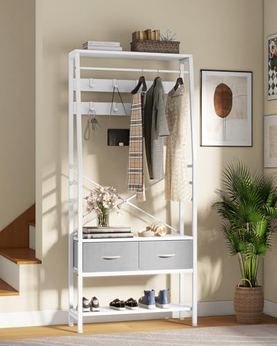 YITAHOME Garderobenregal mit Schuhschrank, freistehender Dielenbaum mit Bank und 2 klappbaren Schubladen, Industriegarderobe mit 8 Haken für Flur Wohnzimmer Schlafzimmer, Metallrahmen, Weiß