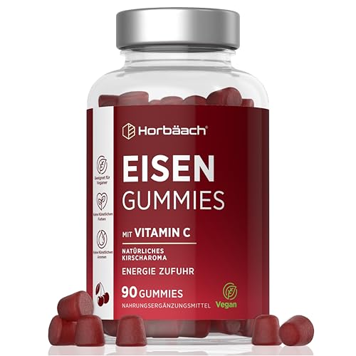Eisen Vitamin C Gummibärchen Hochdosiert | 14mg Eisen & 40mg Vit C | 90 Vegane Iron Gummies | Kirschgeschmack | Immunsystem, Stoffwechsel (EFSA) | Alternative zu Eisentabletten | von Horbaach