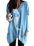 Minetom Langarmshirt Damen V-Ausschnitt Druck Lose Langarm Oberteile Oversize Lang Sweatshirt Tops Asymmetrisch Saum Jumper Pullover Mit Taschen A Blau XXL