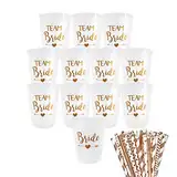 12 Stück Team Bride Becher JGA Becher Wiederverwendbar Bachelorette Party Cup mit 12 Rosagold Folie Team Bride Strohhalme für Bridal Shower Verlobungsfeier Junggesellenabschied frauen Party