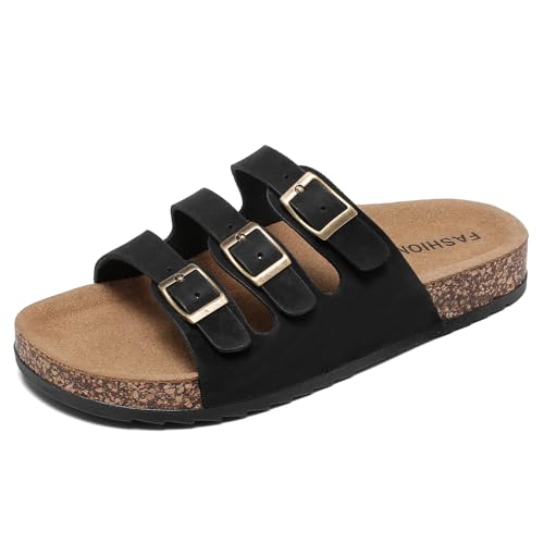 Pantoletten Damen Herren, Sandalen Schlappen mit Kork Fußbett und Verstellbarer Schnalle, rutschfeste Zehentrenner für den Sommer