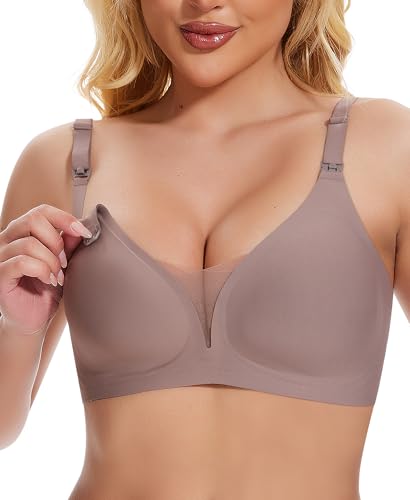 Jiuday Still BH ohne Bügel Große Brüste Damen Schwangerschafts- & Still-BHS Bequemer Gepolstert Spitze Seamless Nursing Bra Nahtloser Push Up Stillbh (Kaffee,2XL)