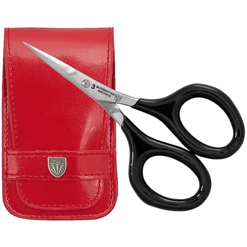 DREI SCHWERTER - Stickschere, Bastelschere, Nähschere. Fadenschere für Basteln, Handarbeit, Nähen und Haushalt, extra spitz und scharf - mit gummierten Griffen für sicheren Halt, im Etui schwarz/rot