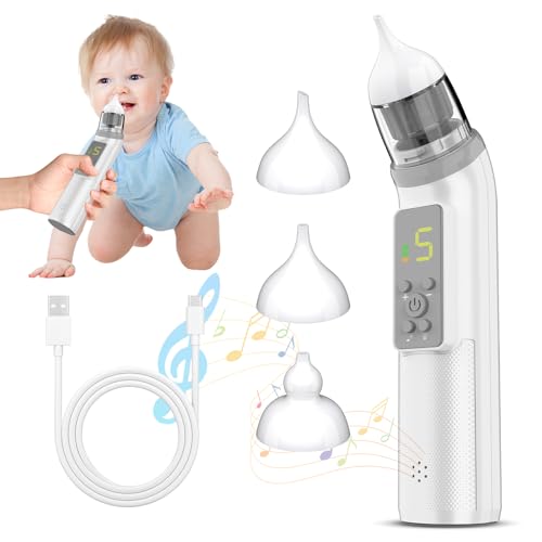 Nasensauger Baby, Nasensauger Baby Elektrisch 5 Saugstufen & 3 Silikonspitzen，IPX6 Wasserdicht,Wiederaufladbar，Mit Musikfunktion, LCD-Display, Nasensauger Geeignet für Babys und Kinder