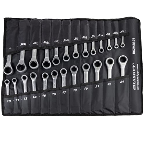 HASKYY 25tlg Zoll 1/4"-1" Metrisch 10-24mm Ratschenschlüssel Set I Ring-Ratschen-Schlüssel I metric + inch