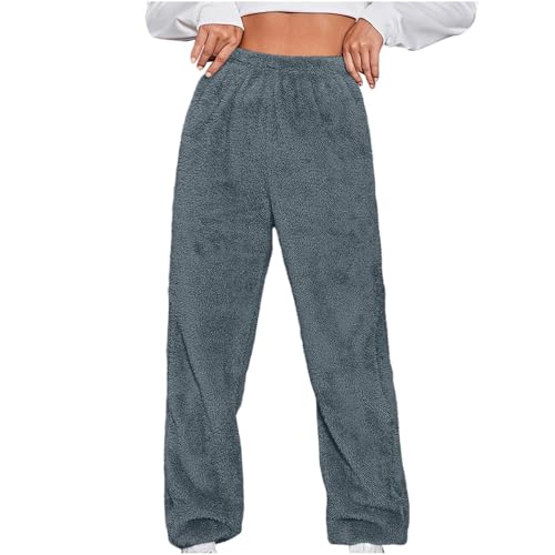 Teddy Fleece Hosen Damen Warm Plüsch Jogginghose Winter Lang Pyjamahose Sherpa Fleece Haushose Flauschig Thermohose Einfarbige Yogahose Bär Muster Fleecehose Elastische Taille Winterhose