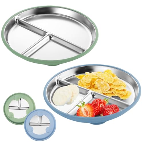 FloralGrace 2 Stück Edelstahl Baby Teller mit Saugnapf, 23CM Geteilte Kinder Teller mit Entfernbarer Silikon Hülle für Kinder, Nicht Rutschig Unzerbrechlich (Blau Grün)