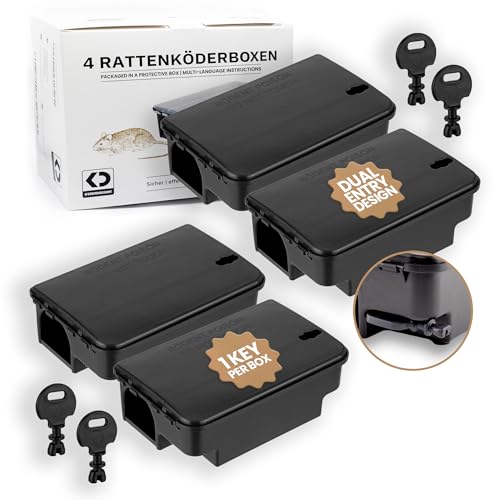 Köder-Discount Rattenköderbox mit Warnaufklebern (4er-Set): Effektive Rattenköderstation für Innen und Außen