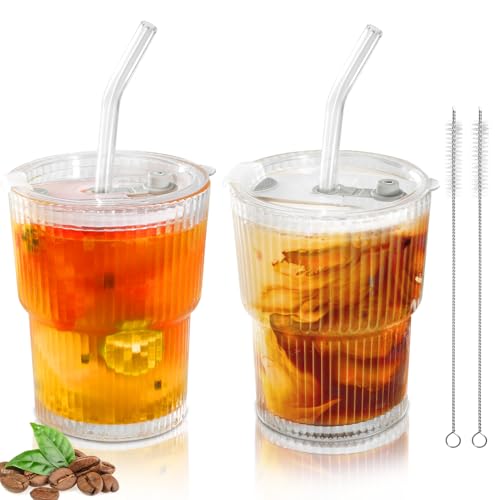 Mozvvco 400 ML Gläserbecher mit Deckel und Strohhalm, Smoothie Becher aus Glas, Kaffeegläser Cappuccino Tassen, Glas Teegläser mit Trinkhalm, Luftdicht Wasserdicht Trinkgläser, 2 Stück