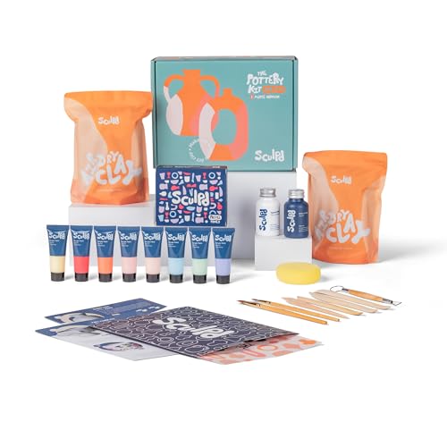 Sculpd Pottery Starter Kit – Komplettes Anfängerset aus luftgetrocknetem Ton + Malen für 2 Erwachsene: Enthält Bildhauerwerkzeuge, Acrylfarbe, Pinsel, einfache Anleitung, Video-Tutorial und mehr