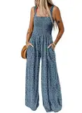 Dokotoo Jumpsuit Damen Sommer Blumenmuster Latzhose Casual Lose Overall Hohe Taille Ärmellos Playsuit Lang Romper Leicht Palazzo Sommerhose mit Träger, blau, M