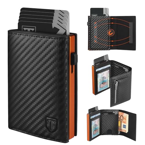 TEEHON Geldbörse Herren mit RFID-Schutz –Kohlefaserleder Portmonee Herren, 8 Kartenetui, ID-Fenster, Münztasche, Geldscheinfach mit Geschenkbox (Schwarz Orange)