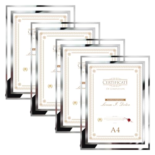 Hoikwo 4er-Set Bilderrahmen DIN A4 Glas – Fotorahmen Silber für Zertifikate, Diplome, Familienfotos und Hochzeitsbilder – Dokumentenrahmen 21x29,7 cm Nur für Tischaufsteller