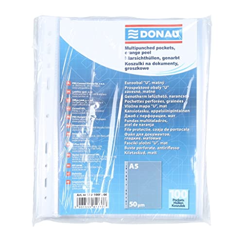 DONAU Prospekthüllen DIN A5 / 100 Stück/ Genarbt Oben Offen Klarsichthüllen Sicht-Hüllen Gelochte Plastikhülle für Dokumente Papiere / Transparent 50 Mikron (1er Pack)