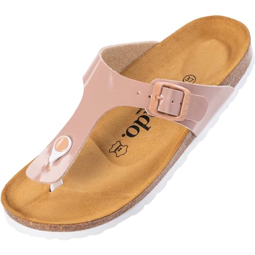 Palado Damen Zehentrenner Kos - Modische Pantoletten mit Kork Fussbett - extra bequeme Sandalen - Made in Spain - mit Sohle aus natur Leder - angenehme Sandalen Lack Rosa/Rose 39 EU