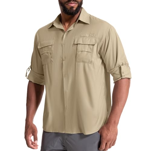 yeyity Herren Safari Hemd UPF50 UV Schutz Langarm Outdoor Hemd Casual Freizeithemden Schnelltrocknendes Funktionshemd für Wandern Angeln Reisen Trekking(5052,Khaki,L)