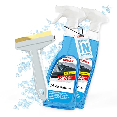 Auto Scheibenenteiser Set | 2X Sonax Scheiben Enteiser Spray 750ml für Autoscheiben + 1x Murska Eiskratzer mit Messingklinge | Enteiserspray für klare Sicht