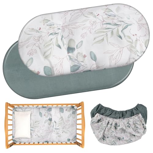 PRITOK Kinderwagen Matratze 2er-Set 82 x 43 x 10 cm Kinderwagen Spannbettlaken, Matratzenschoner, Spannbetttuch Bezug, Kinderwagen Matratzenbezug Grüne und grüne Blätter für Beistellbett, Wiege