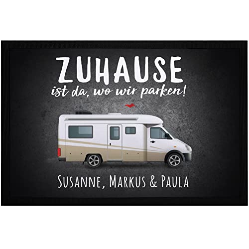 SpecialMe® Fußmatte mit Namen Familie Zuhause ist da wo wir parken personalisiert Geschenk für Wohnmobilbesitzer schwarz 60x40cm
