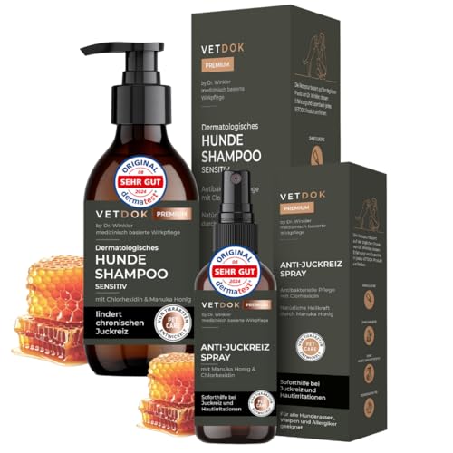 VETDOK® Dr. Winkler Dermatologisches Anti Juckreiz Set, Medizinisch basierte Wirkstoffe Chlorhexidin & Manuka Honig, Hundeshampoo 250ml und Anti Juckreiz Spray 75ml vom Tierarzt entwickelt