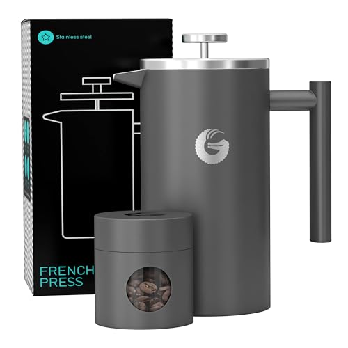 Coffee Gator French-Press-Kaffeebereiter – Heißer-für-Länger-Thermobrüher – Plus Reiseglas – Große Kapazität, doppelwandig isoliert, spülmaschinengeeigneter Edelstahl – 1 Liter – Grau