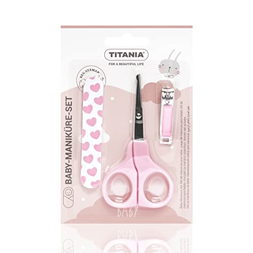TITANIA Baby Maniküre Set (3-tlg.) • Baby Nagelschere, Baby Nagelknipser & Baby Nagelfeile • Baby Ausstattung • Baby Nagelpflegeset • Pflegeset für Kleinkinder • Babypflege-Set Pink