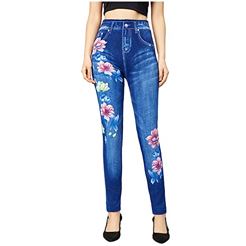 Nachgemachte Jeans High Waist Elastisch Mit Druck Hosen Stretch Lang Enge Freizeithosen Hohe Taille Elegant Für Skinny Slim Fit Relaxhose Bequeme Mode Hose Damen Reißverschluss (Blue, XXXL)