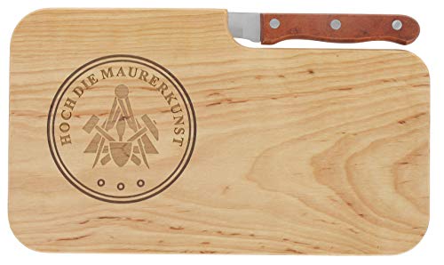 LASERHELD | Brotzeitbrett Holz mit Gravur “Hoch die Maurerkunst" & Messer | 26 x 15 cm | Frühstücksbrettchen Holz Schneidebrett Jausenbrett Zunftzeichen | Geschenk für Maurer als Vatertagsgeschenk