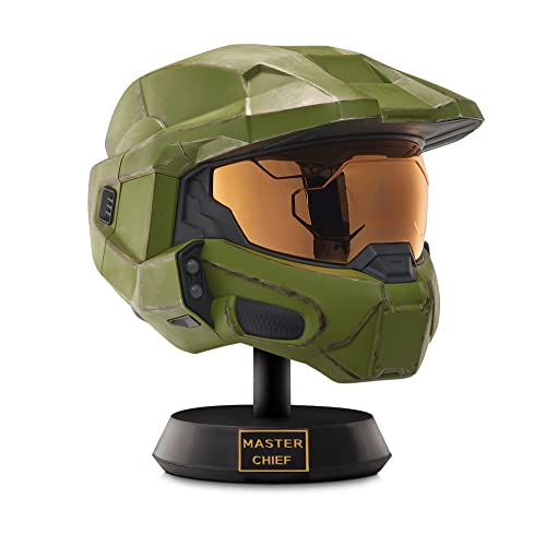 Halo Master Chief Deluxe Helm mit Ständer – LED-Leuchten auf jeder Seite – Kampf beschädigte Farbe – Einheitsgröße – bauen Sie Ihr Universum auf