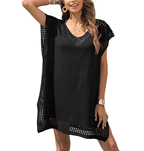 Codkkre Damen Gestrickte Strandkleid Sommer Kurz Knielang Badeanzug Bikini Cover Up Strandponcho V-Ausschnitt Sexy Beachwear Cutout Crochet Cover Ups, Schwarz