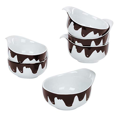 MamboCat 6er-Set Fondueschälchen Blob I je 150ml I 6X Servier-Schale für Löffel-Dessert I Schokofondue-Set I Porzellan-Geschirr weiß mit Kleckse Schokobraun Dekor I Gastro-Artikel Küchen-Zubehör