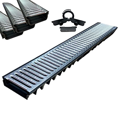 Abwasserkanal aus PP-PE mit verzinktem Gitter 125 x 50 cm Regenwasser Abflussgitter ideal für Garagen und Hinterhöfe (125 x 50 cm, 3 Stück verzinktes Gitter)