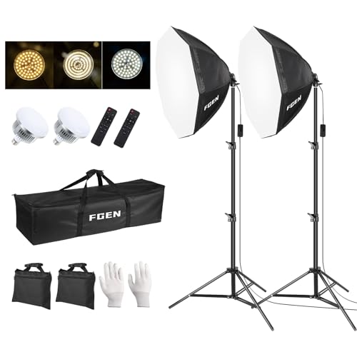 FGen Softbox Set Fotostudio，70cm Achteckiges Softbox LED Fotolicht mit 135W 3000-6500K, 2m Vollverstellbare Lichtstativ Foto licht für YouTube, Tiktok Videoaufnahmen, Studio Portraits, Fotografie