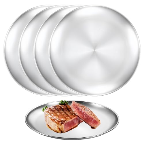 Sporgo 4 Stück Edelstahl Teller: Φ 20cm Edelstahl Rundes Geschirr, Camping Teller Servierteller, Edelstahlteller Campingteller für Camping, Picknick, Wandern, Küche, Par (A)