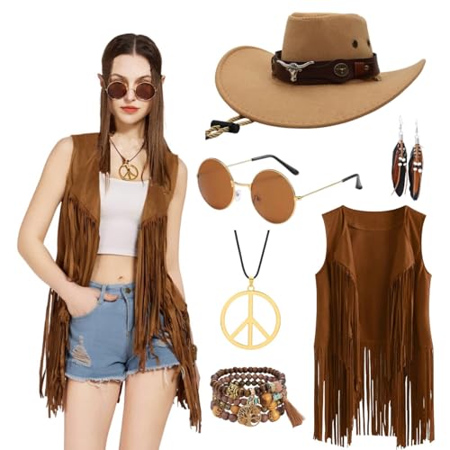 Ginkago Hippie Kostüm Set Cowgirl Western Outfit mit Fransenweste Hippie Ohrringe Brille Boho Armband Halskette Mode 60er 70er Jahre Bekleidung für Karneval Mottoparty