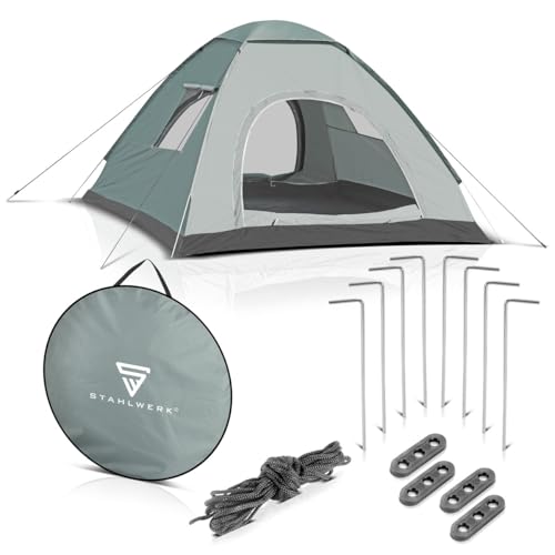 STAHLWERK Campingzelt Z-200 ST 200 x 200 cm selbstaufbauendes Pop-Up-Zelt | Wurfzelt | Igluzelt | Faltzelt | Kuppelzelt | Trekkingzelt | Zelt für 2-3 Personen inklusive Transporttasche