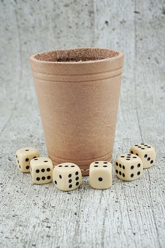 KENDi GAMES Qualitäts Würfelbecher - echt Leder - Höhe 9 cm - Durchmesser 7cm - mit 6 elfenbeinfarbigen Würfeln und Kurzanleitung