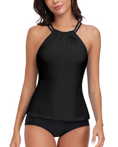 WOWENY Damen Tankini Oberteil Bikini Tank Top Bademode Crossback Strappy Swim Top Oberteil Schnell Trocknend Sommer Padded Swimsuit Shirt,L,Schwarz