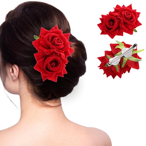 Ptwola Rosen Haarspange Haarclip Rot Blume Brosche Haarschmuck Haarnadeln Haarklammer für Party Hochzeit Halloween Karneval Maskerade Make up Kopfschmuck für Frauen Mädchen
