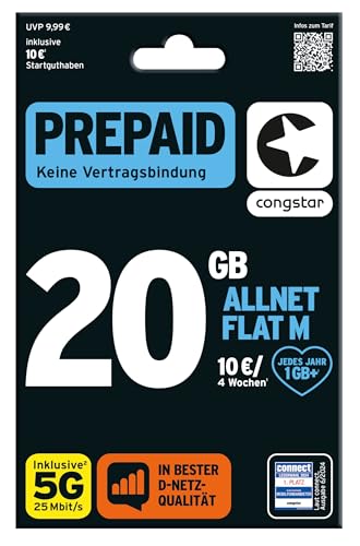 congstar Prepaid ALLNET M SIM-Karte ohne Vertrag I Allrounder Prepaid-Paket in D-Netz-Qualität I 20 GB + 10€ Startguthaben I Telefonie & SMS Flat in alle dt. Netze I EU-Roaming inkl.