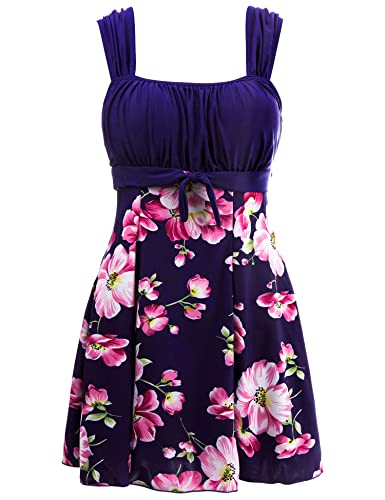 Wantdo Damen Badeanzug Sommer Push Up Tankini Einteiler Bademode mit Rock Badekleid Shapewear Schwimmkleid Schlanke Strandmode Blau 48-50