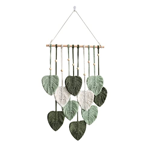 Makramee Wandbehang Boho Deko, Wandteppich Boho Style mit Holzperlen und Blätter, Tapisserie Wanddeko Boho Handgemacht, für Outdoor, Wohnzimmer,Schlafzimmer,Indoor, Geschenke-40 × 80 cm (Grün)