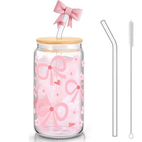 500ml Bow Glasbecher mit Deckel und Strohhalm, Rosa Fliege Pink Stuff Geschenk Für Beste Freundin, Glas mit Bow Aesthetic Stuff Clean Girl für Kaffee, Cocktails und Mehr (Rosa)