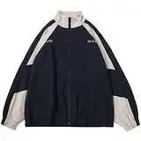 Minetom Damen Patchwork Farbblock Oversize Hip Hop Jacke Teenager Mädchen Mantel Sport Übergangsjacke Windbreaker College Jacke Sweatjacke A Blau M