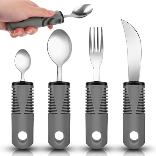 Parkinson Besteck Set von 4 Seniorenbesteck Extra breite Griffe Parkinson Hilfsmittel mit Messer Gabel Löffel für Behinderte Arthritis Menschen Ältere Parkinson（Grau）