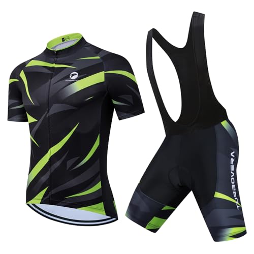 Turbovera Herren Fahrradbekleidung Kurzarm MTB Radsportanzüge Radhose Radtrikot Set Trikot + Radlerhose mit 3D-Gel-gepolsterten Atmungsaktiv (Kurzarm-T-Shirt+Träger-Shorts, L)