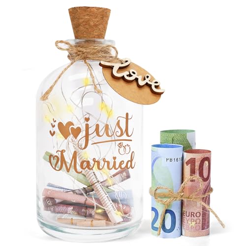 Hochzeitsgeschenke Geld Leuchtflasche für Brautpaar und Frisch Verliebte, LED Flaschenlicht Hochzeit Just Married Personalisiert Geldgeschenke Hochzeit Hochzeitskasse Spardose