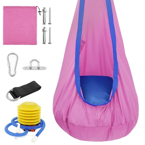 Hängehöhle,Kinder Pod Schaukelsitz,Tragbarer Hängesessel Schaukel mit aufblasbarem Kissen,Hängesessel, Schaukelstuhl mit Tasche,max 80kg für den Innen und Außenbereich (Rosa)
