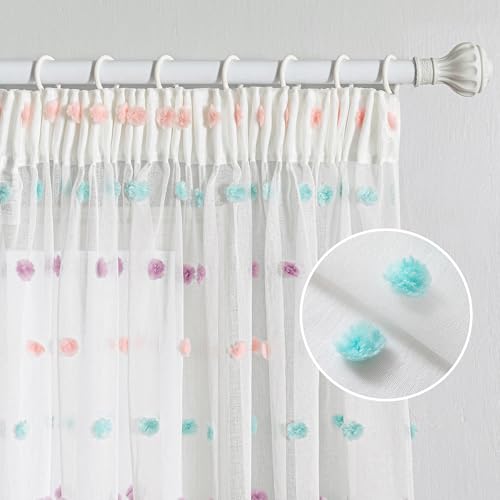 MYSKY HOME Gardinen mit Kräuselband Vorhang Kurz Voile Vorhänge Kinderzimmer Modern für Gardine Regenbogen Sticken Halbtransparent Schiebevorhang Wohnzimmer 2er Set, Farbig, H 160 x B 140 cm